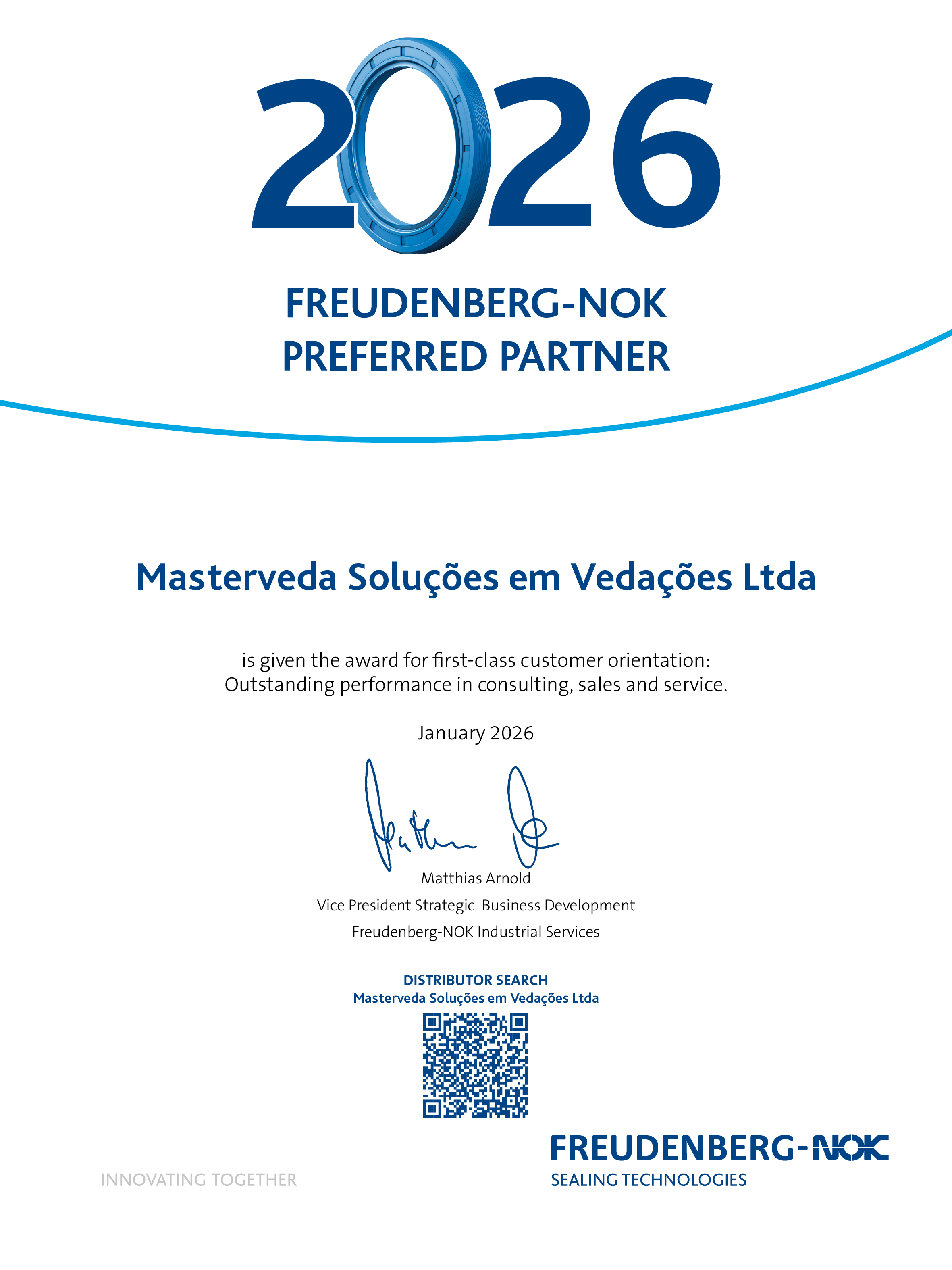 Certificado oficial Freudenberg-NOK Preferred Partner 2026 concedido à Masterveda Soluções em Vedações Ltda, documento vertical com o número 2026 estilizado como um retentor azul, título FREUDENBERG-NOK PREFERRED PARTNER em azul escuro, assinaturas e selo QR code, fundo branco, fotografia realista de certificado institucional